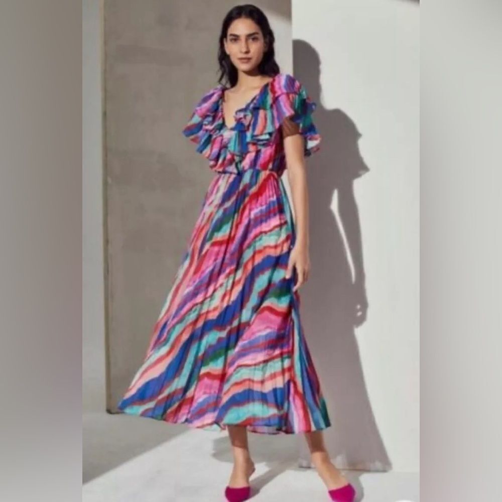 Amur Women's Blue Luisa Pleated MulticolorโMidiโ Dress Size 12